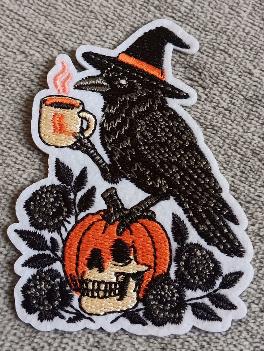 Coffee Raven & Pumpkin Skull Halloween Iron On Patch Gothic Witchy Fall Applique
